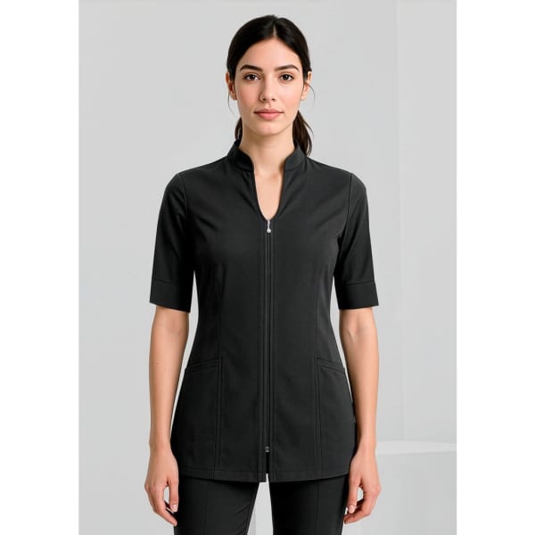 A black women's tunic with a zip front and short sleeves, featuring two front pockets and a logo.