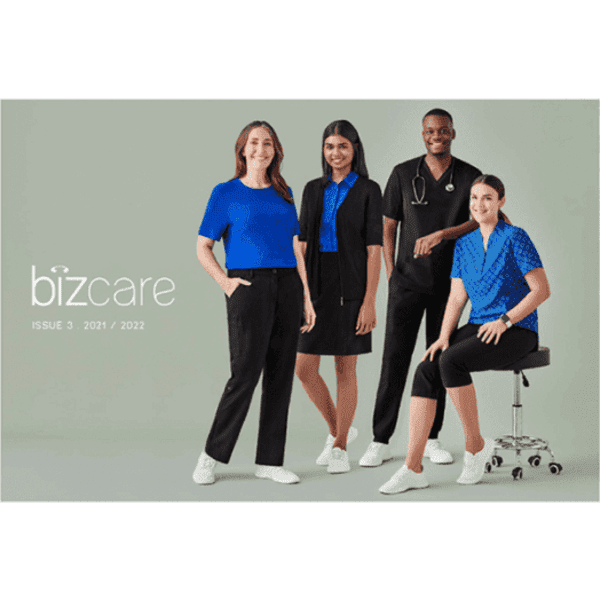 A promotional catalogue featuring four models in various blue outfits, set against a grey background, and includes a logo.