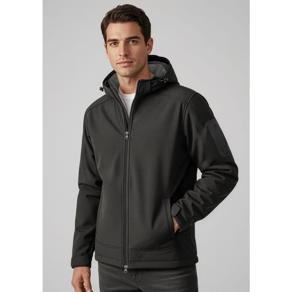 A men's soft shell jacket in black, featuring a hood and front pockets, with a logo on the chest.