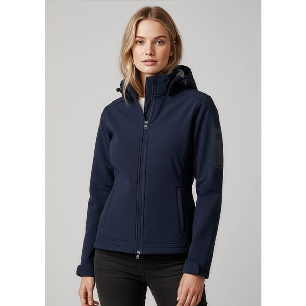 A navy women's soft shell jacket with a hood and a zip front, featuring a logo on the sleeve.