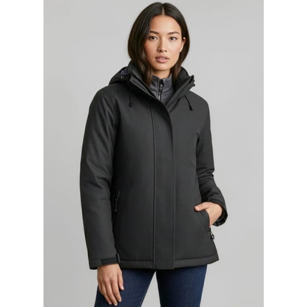 A women's black rain jacket with a hood, featuring zippers and pockets. It has a sleek, modern design.