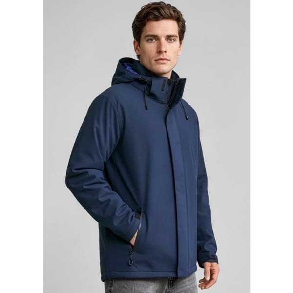 A men's navy rain jacket with a hood, featuring a front zipper and side pockets, and includes branding.