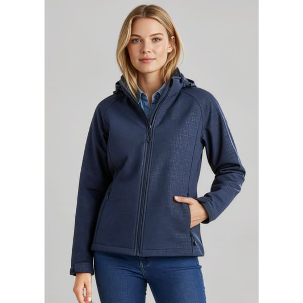 A women's soft shell jacket in navy blue, featuring a hood and side pockets, with a textured pattern and branding.