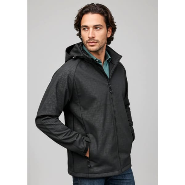 A men's soft shell jacket in black with a hood, featuring a subtle geometric pattern and a zip front.