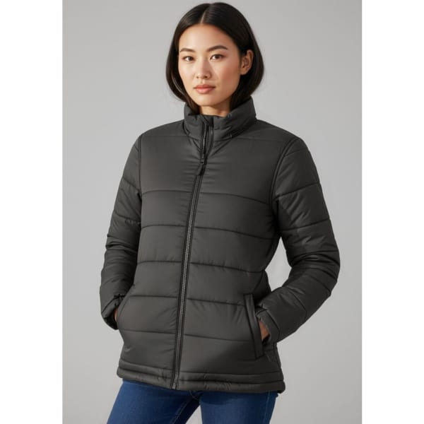A women's puffer jacket in black with a zip front, featuring a stand collar and side pockets.