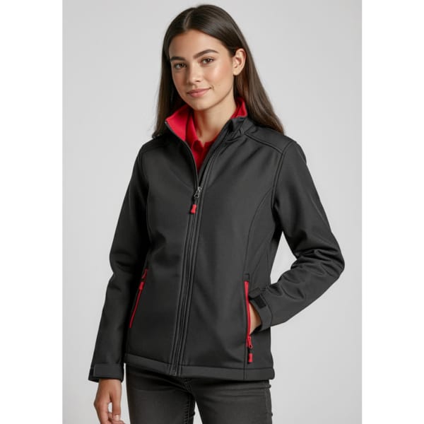 A soft shell jacket in black with red accents, featuring a zip front and side pockets. It has a logo on the chest.