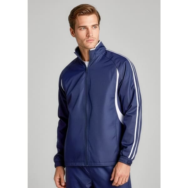 A navy unisex flash jacket features white stripes and a zip-up front, styled for track wear.