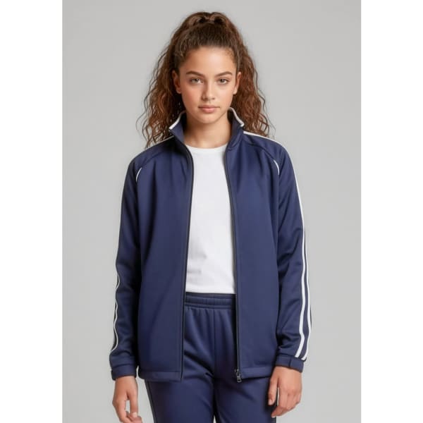 A navy track jacket with white stripes, featuring a high collar and zip, worn by a young person.