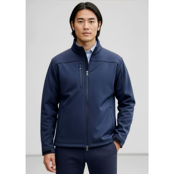 A navy mens softshell jacket featuring a zip-up front, a high collar, and a small chest pocket. It has a logo on the chest.