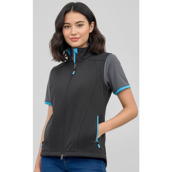 A black vest with blue accents, featuring a zip front, designed for women, worn with a grey t-shirt underneath.