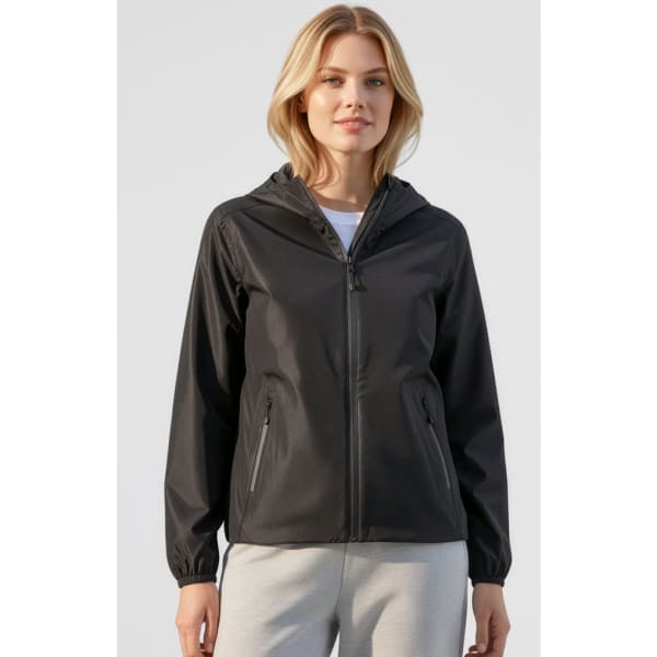 A black women's rain jacket featuring a hood and zippered pockets, with a fitted design.