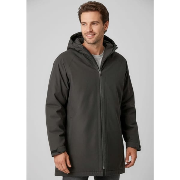 A grey unisex rain jacket with a hood, featuring a front zipper and a casual style. It has a logo on the fabric.