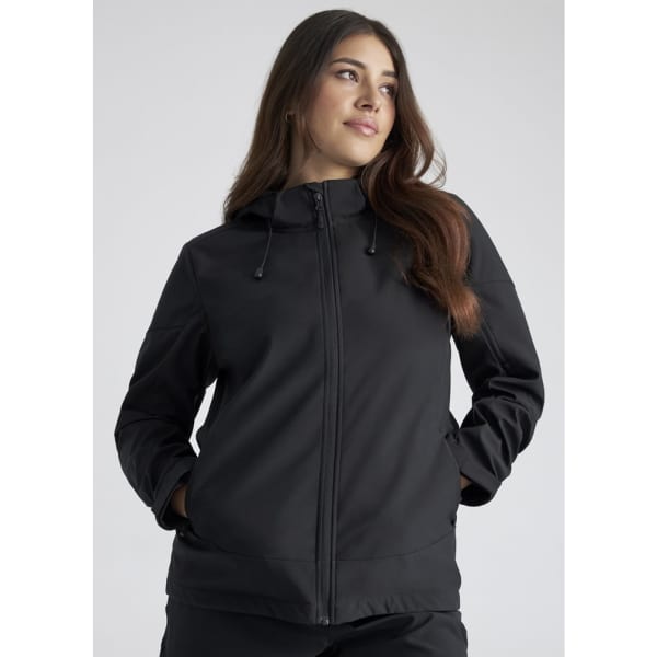 A black Women's Atlas Jacket featuring a zip front and hood, with a logo on the chest.