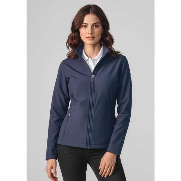 A navy women's soft shell jacket featuring a zip front and a stand collar, shown on a model against a neutral background.