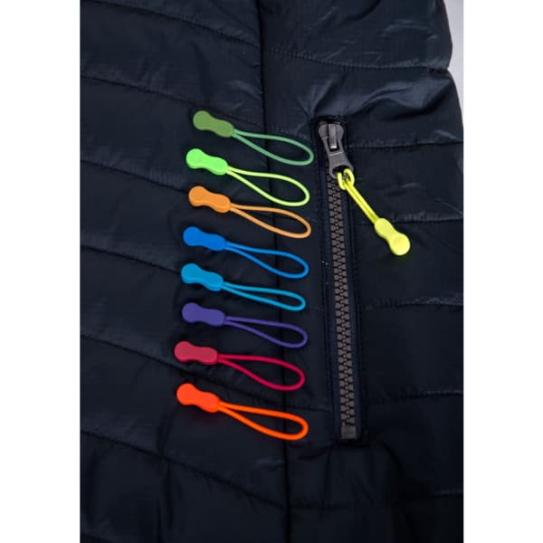 A collection of colourful Zippies in green, blue, purple, pink, orange, and yellow, positioned beside a zip on a dark jacket.