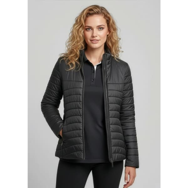 A women’s puffer jacket in black, featuring a zip-up front and a fitted silhouette, displayed on a model.