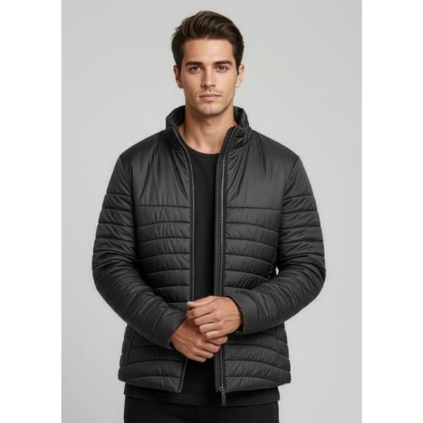 A black men's expedition puffer jacket with a zip front, featuring a high collar and a fitted design.
