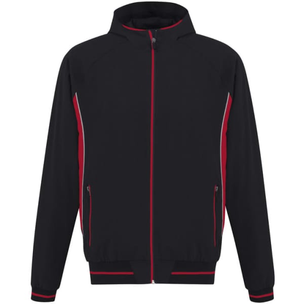 A soft shell jacket in black with red accents, featuring zip pockets and a stand-up collar. It has a logo.