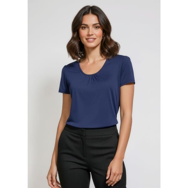 A navy blue women's chic top with a scoop neckline and short sleeves, featuring gathered detailing.