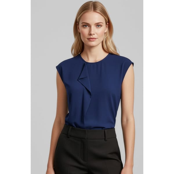 A navy blue women's top with short sleeves and a draped detail, paired with black trousers. The item features a logo.