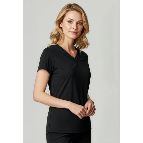 A black short sleeve top for women with a V-neck design, featuring a sleek and simple profile.