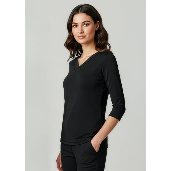 A black women's 3/4 sleeve top with a v-neck, featuring a fitted design and simple branding.