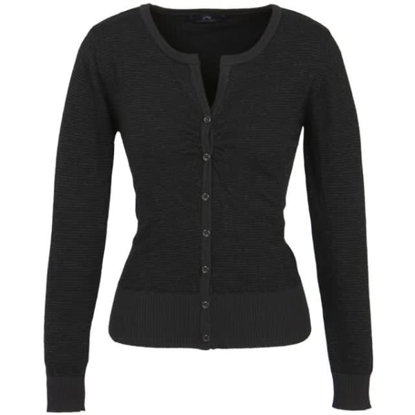 A women's black Merino cardigan featuring a button-up front and long sleeves, with a fitted design.