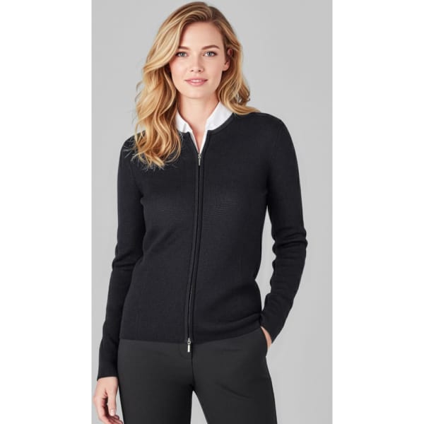 A black women's 2-way zip cardigan with long sleeves, featuring a ribbed design and a subtle logo.