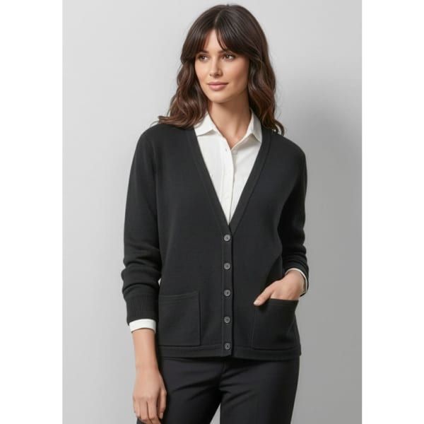 A women's woolmix cardigan in dark grey with a V-neck, buttons, and two front pockets. It features long sleeves and a relaxed fit.