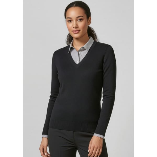 A black women's V-neck knit pullover worn over a grey collared shirt. The garment is fitted and long-sleeved.