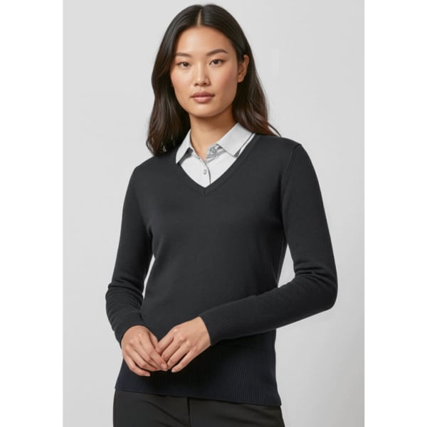 A black women's pullover sweater with a V-neck design, worn over a collared shirt, featuring a fitted style.