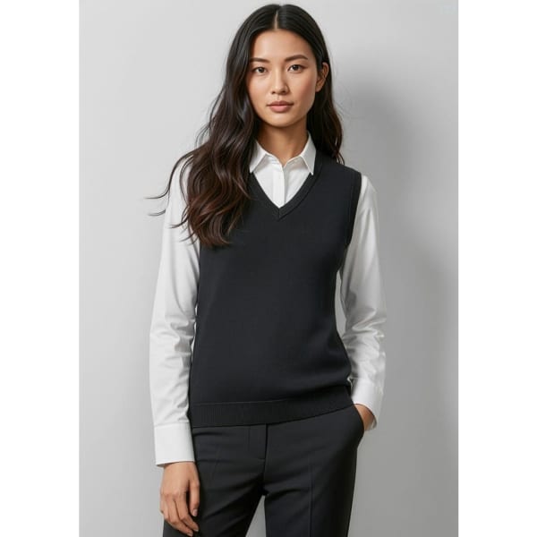 A black women's V-neck knit vest worn over a white collared shirt, featuring a fitted design.