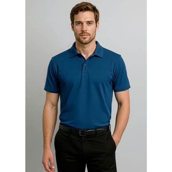 A man wearing a navy blue short sleeve polo shirt with a collar, featuring a logo.