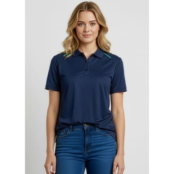 A navy women's polo shirt with a collar and short sleeves, featuring a subtle logo and turquoise accents.