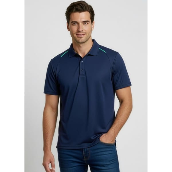 A navy short sleeve polo shirt featuring contrasting details and a logo on the chest.