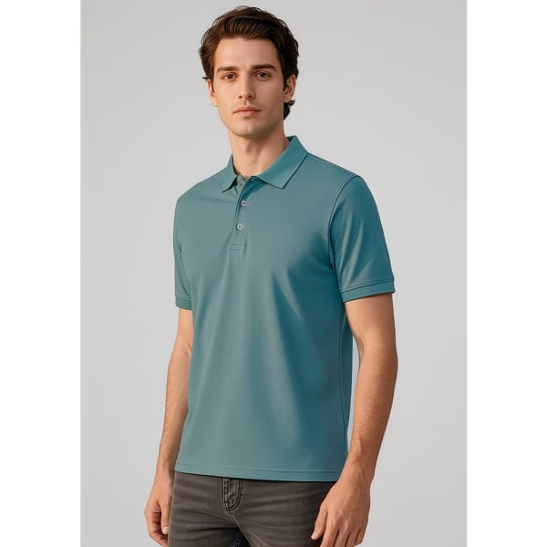 A men's short sleeve polo shirt in teal, featuring a collar and a logo on the chest.