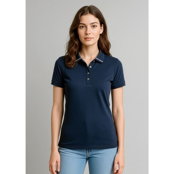 A dark navy women's polo shirt with short sleeves and a collar, featuring a logo on the chest.