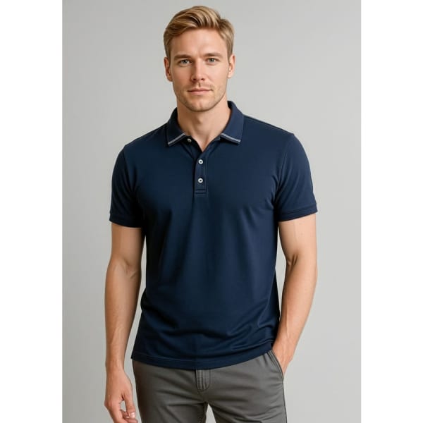 Men's short sleeve polo shirt in navy blue with a small logo and contrasting collar details.