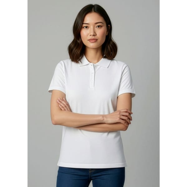 A white women's short sleeve polo shirt featuring a classic collar and a logo.