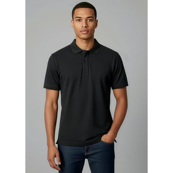 A black short sleeve polo shirt with a collar and a logo, displayed on a model against a neutral background.