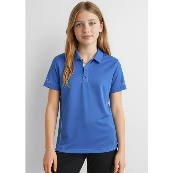 A girl wears a blue short sleeve polo shirt with a logo, featuring contrasting trim and a classic collar design.
