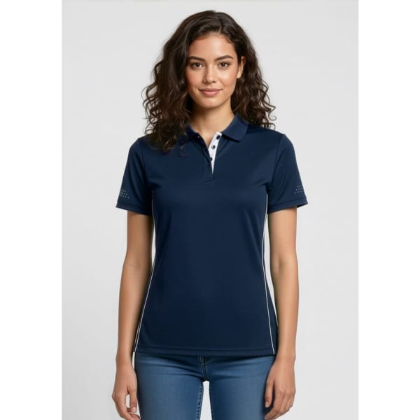 A navy women's polo shirt featuring short sleeves, a collar, and subtle design details, with a logo on the chest.