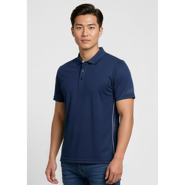 A navy blue men's polo shirt with short sleeves, featuring a subtle logo and side detailing.