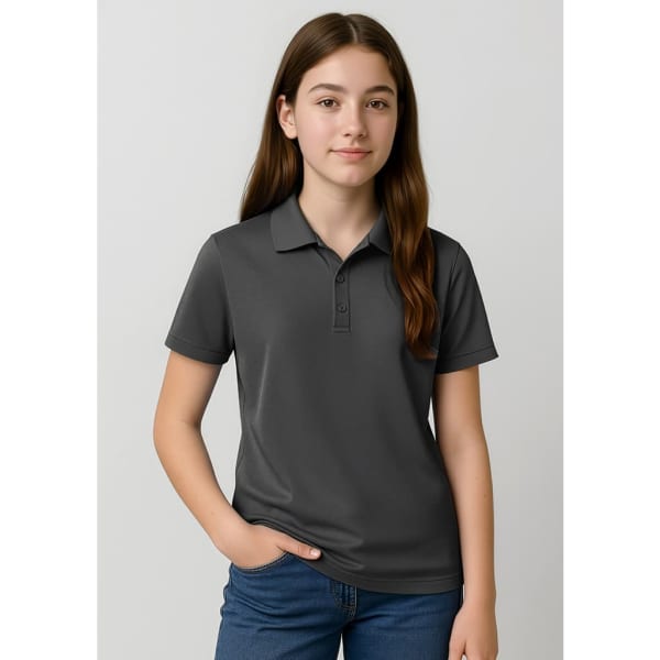A grey kids' short sleeve polo shirt with a collar and a logo, modelled by a young girl.