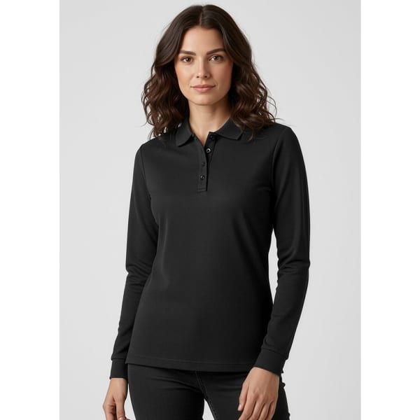 A black long sleeve polo shirt for women, featuring a collar and button closure, with a logo on the chest.