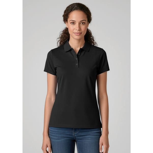 A black women's short sleeve polo shirt with a collar, featuring a logo. Model is wearing it with jeans.
