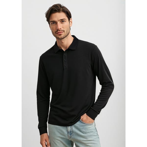 A black long sleeve polo shirt featuring a collar and button placket, modelled by a man.