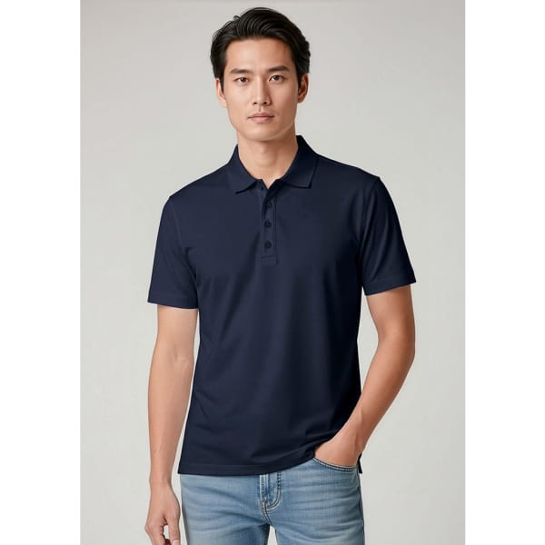 A men's short sleeve polo shirt in navy blue, featuring a collar and buttons, paired with light blue jeans.