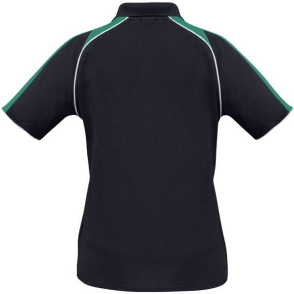 A women's short sleeve polo shirt in black with green accents and a logo on the back.
