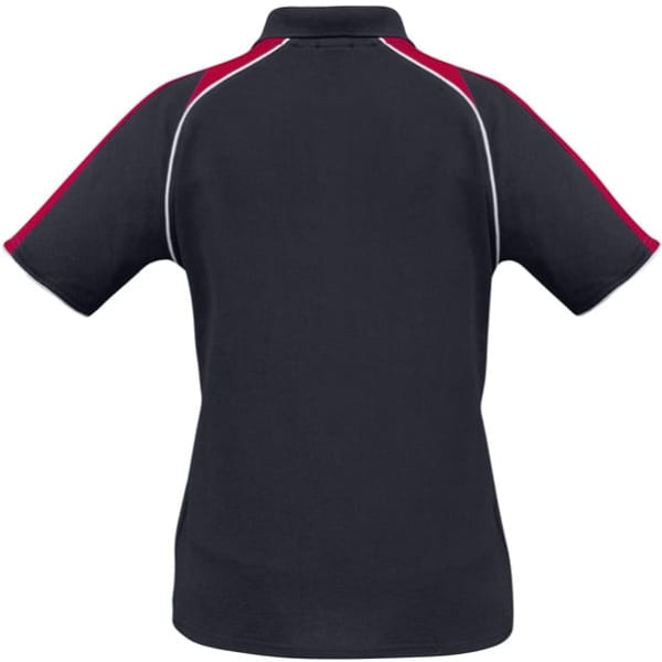 A women's short sleeve polo shirt in navy with red accents and a logo. Features a classic polo collar and sporty design.